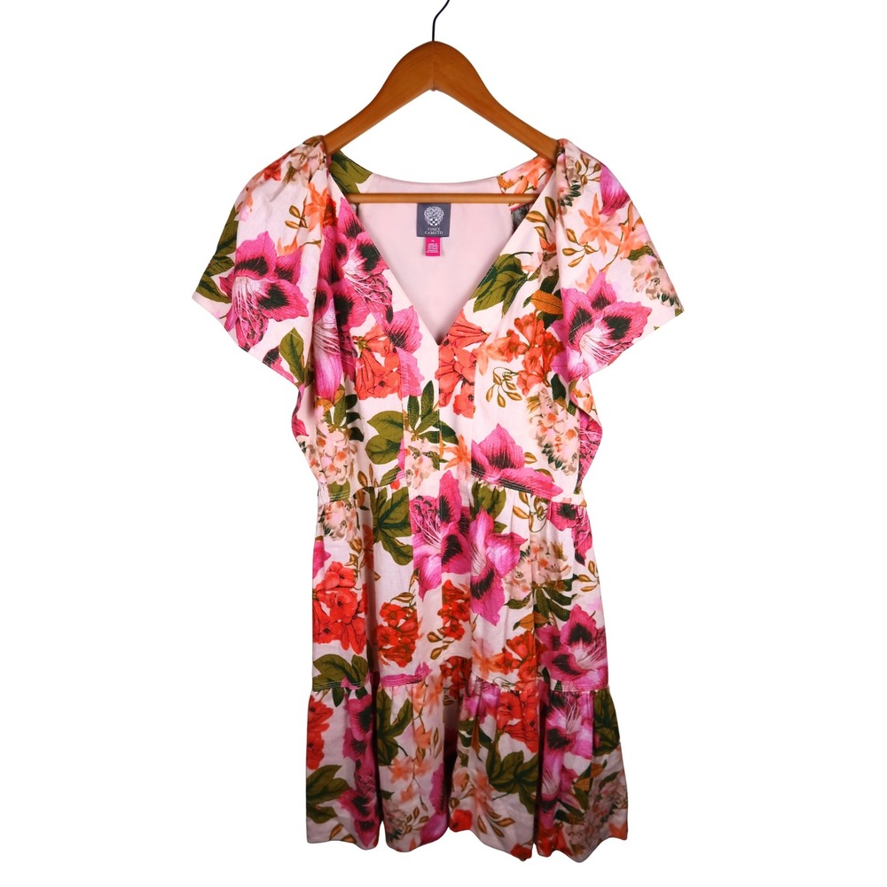 Vince Camuto Pink Floral Flutter Sleeve Smocked Mini Dress Womens 14 Excellent